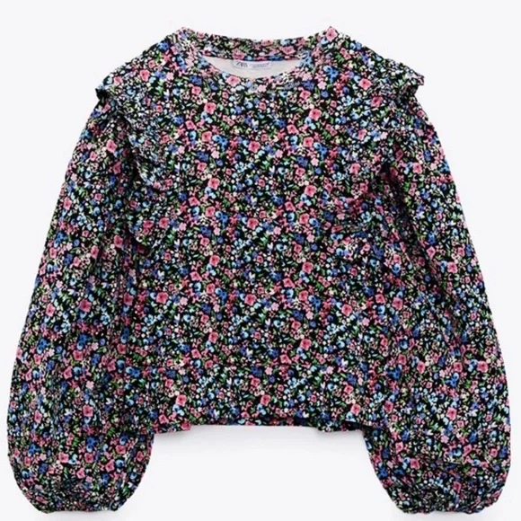 Zara Multi Colored Ditsy Floral Printed Ruffle Puff Sleeve Top - Picture 1 of 9